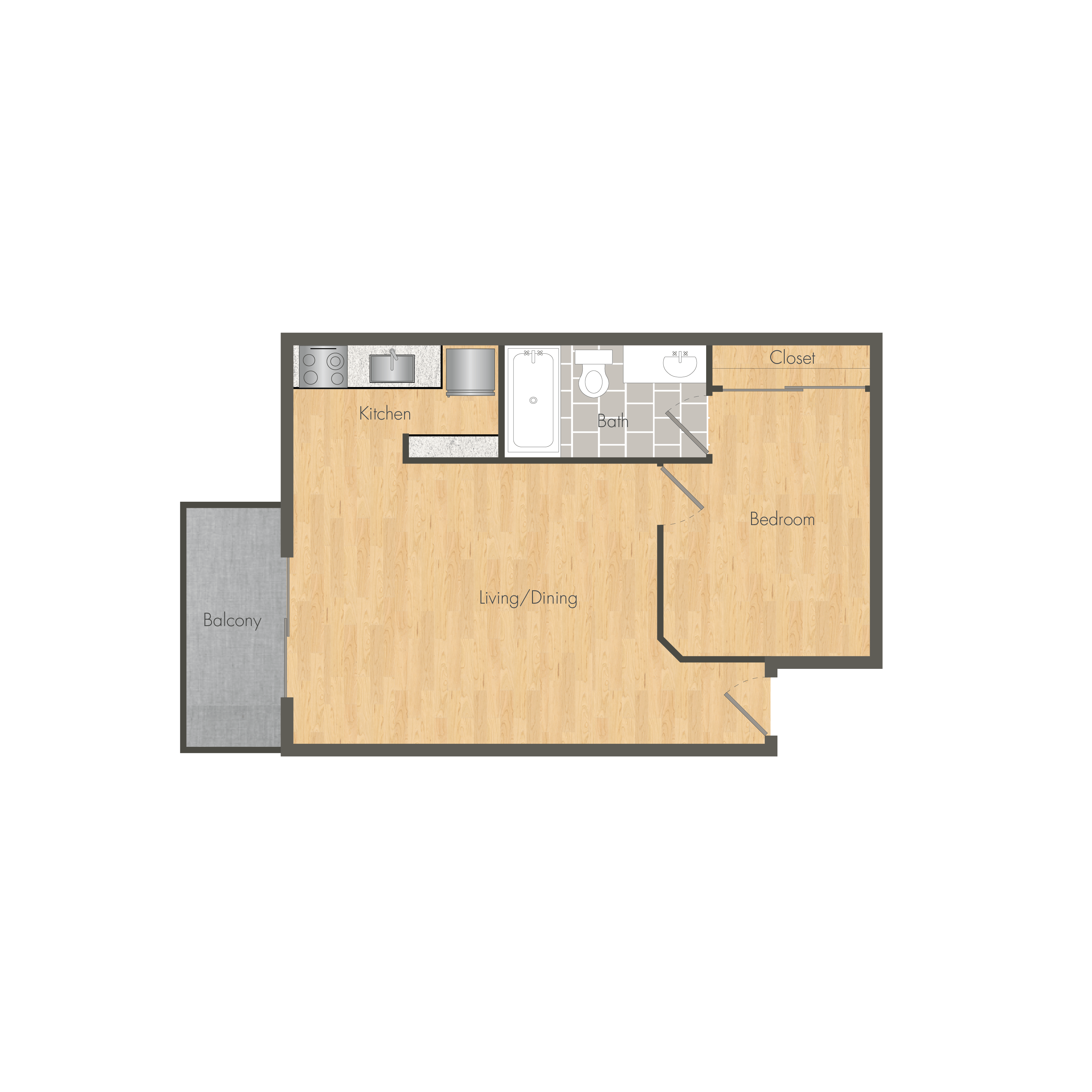 Floor plan for 1 bed, 1 bath, 489 sqft