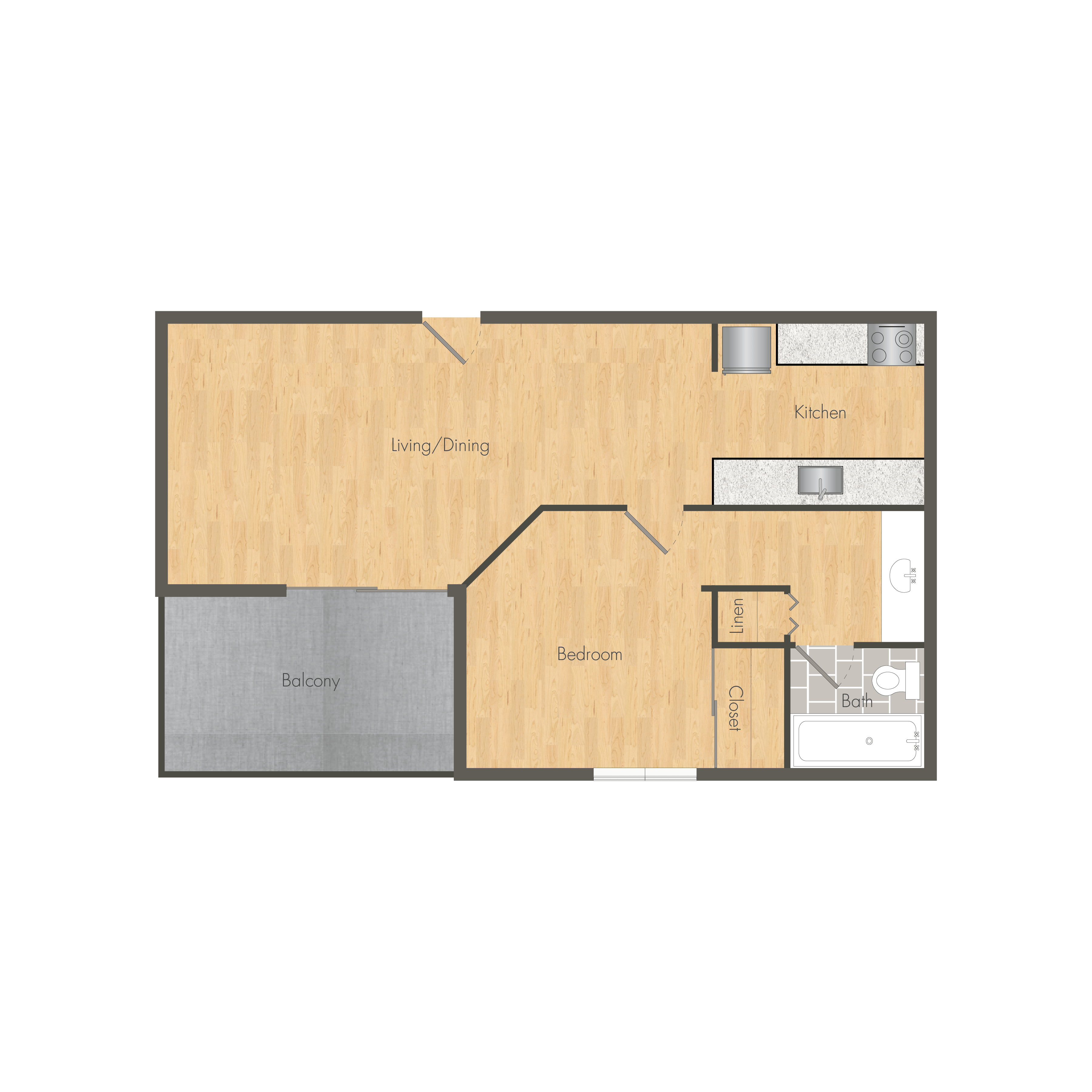 Floor plan for 1 bed, 1 bath, 581 sqft