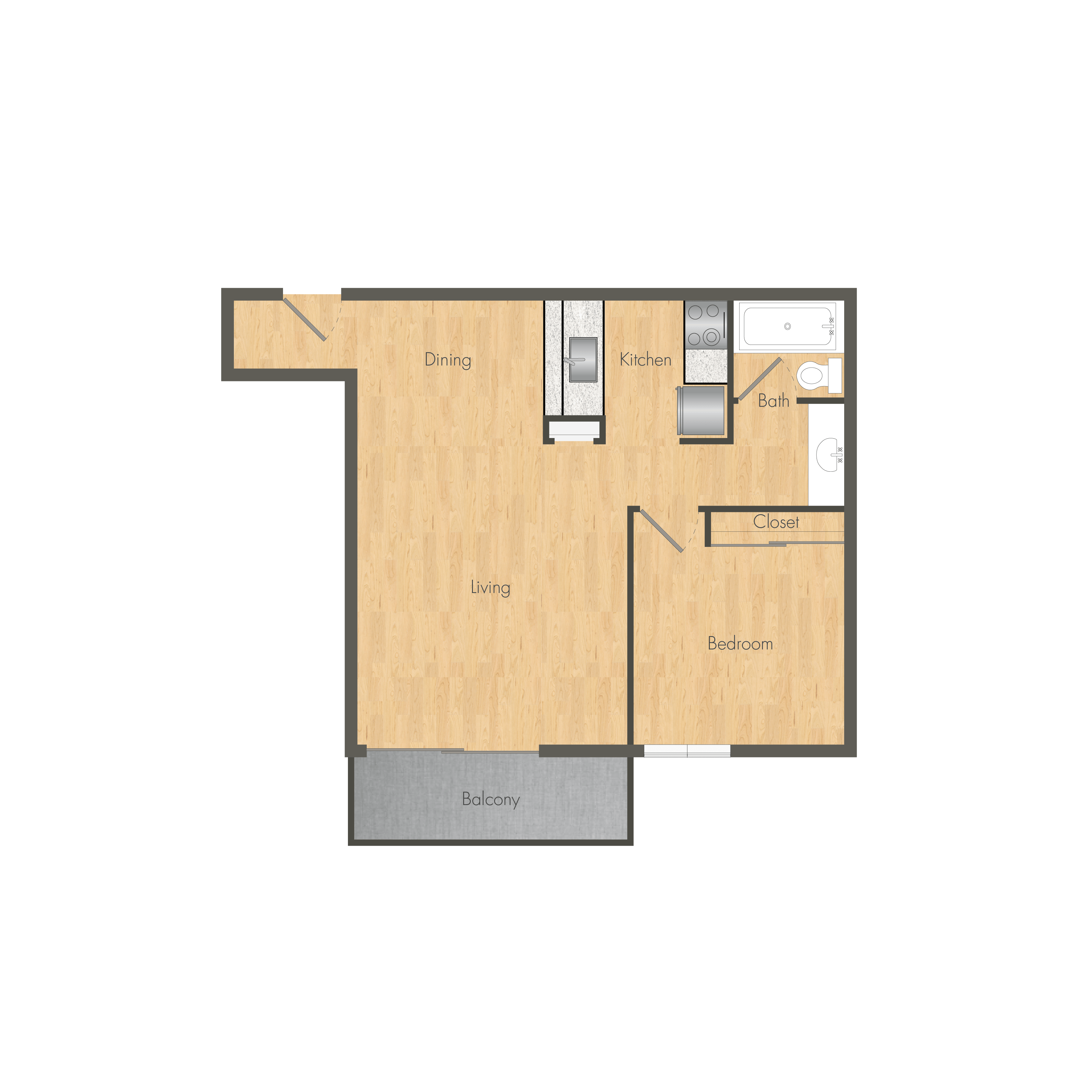 Floor plan for 1 bed, 1 bath, 609 sqft