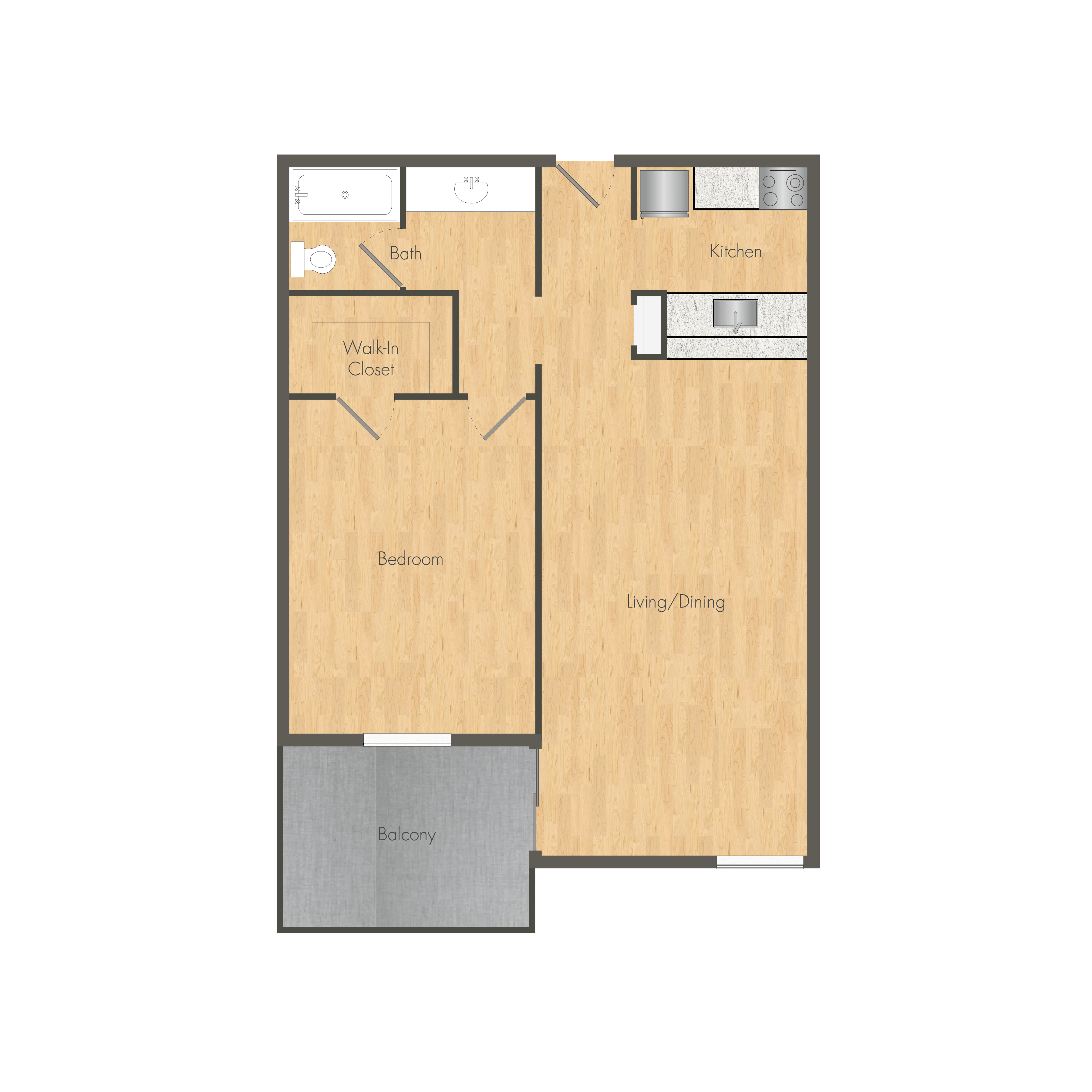 Floor plan for 1 bed, 1 bath, 758 sqft