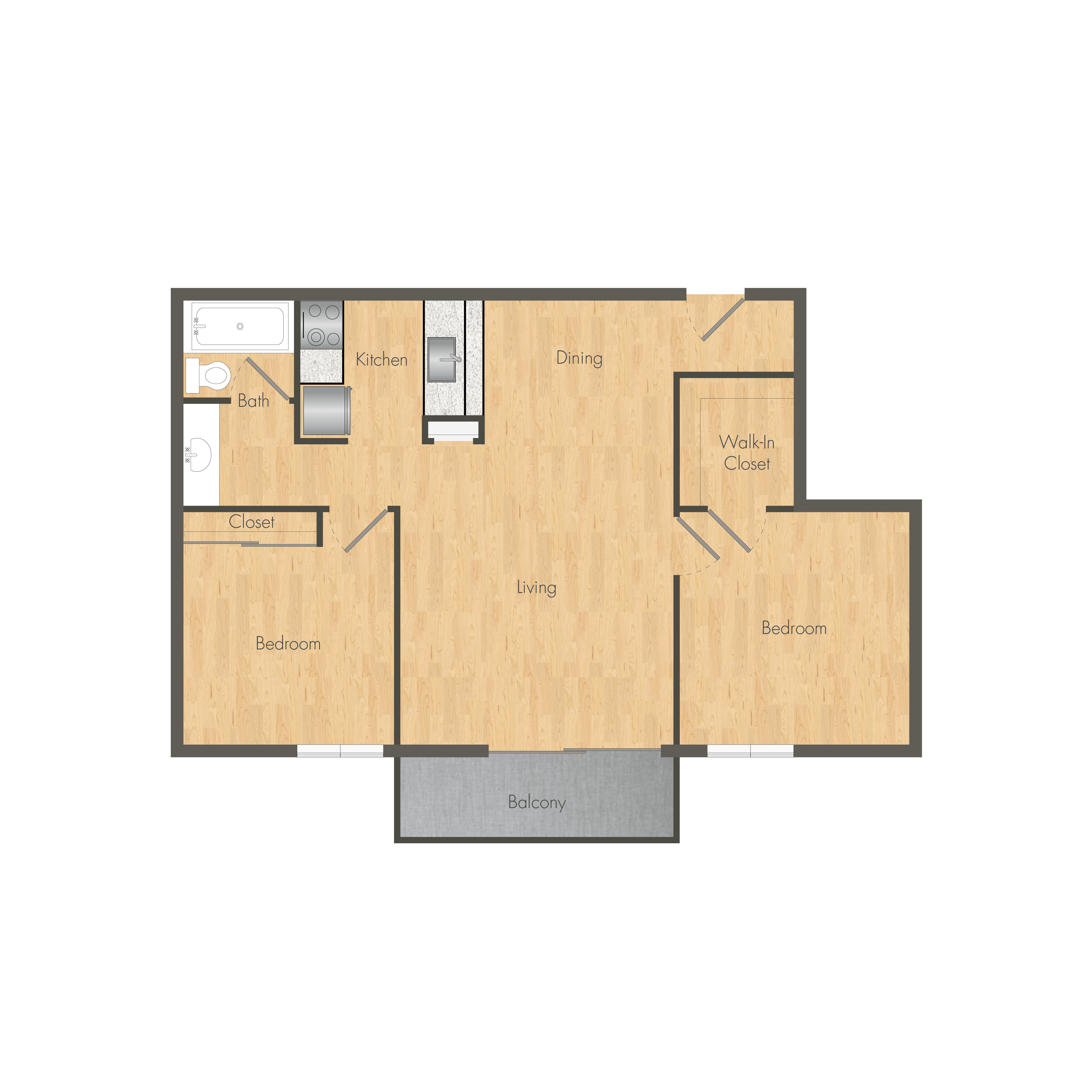 Floor plan for 2 beds, 2 baths, 808 sqft