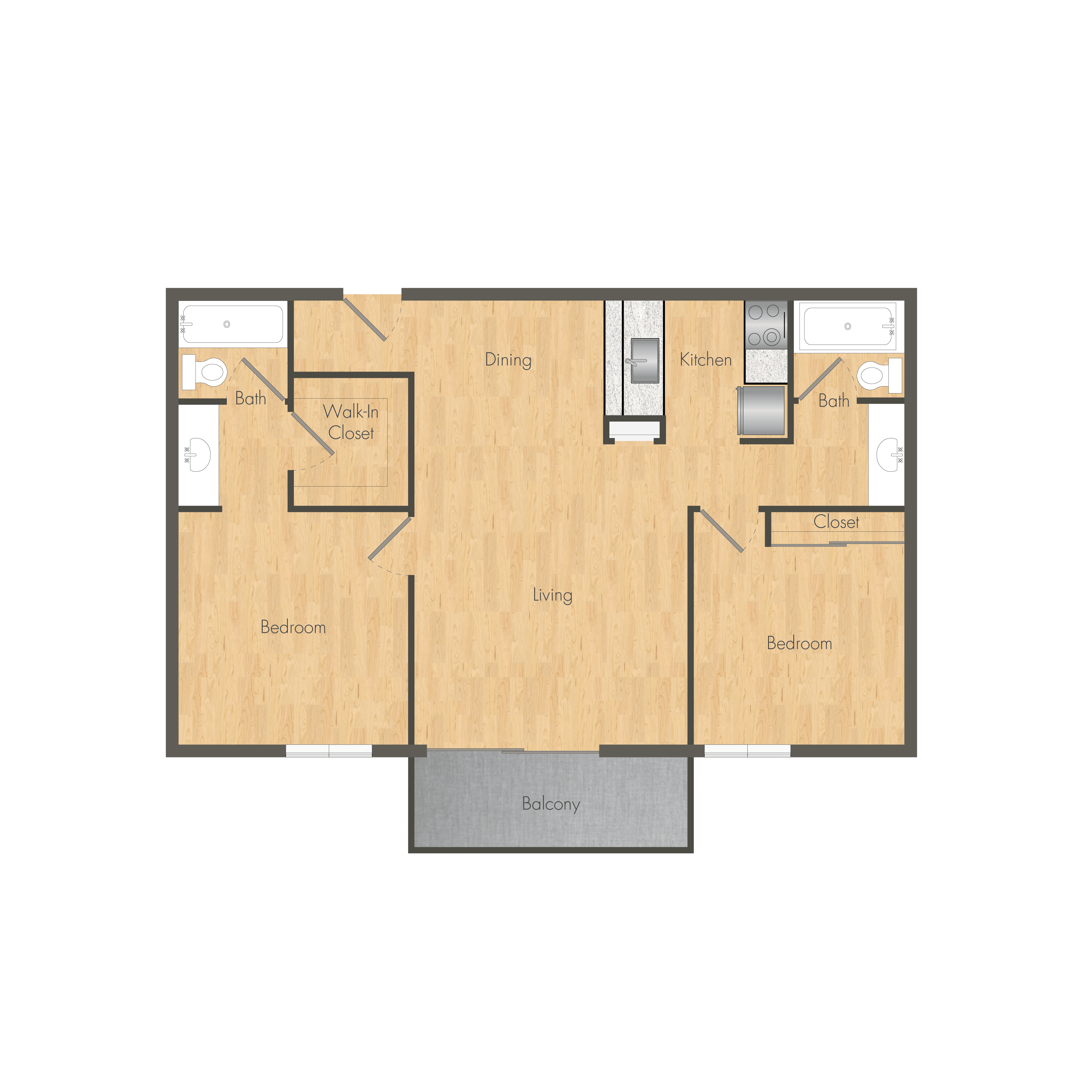 Floor plan for 2 beds, 2 baths, 925 sqft