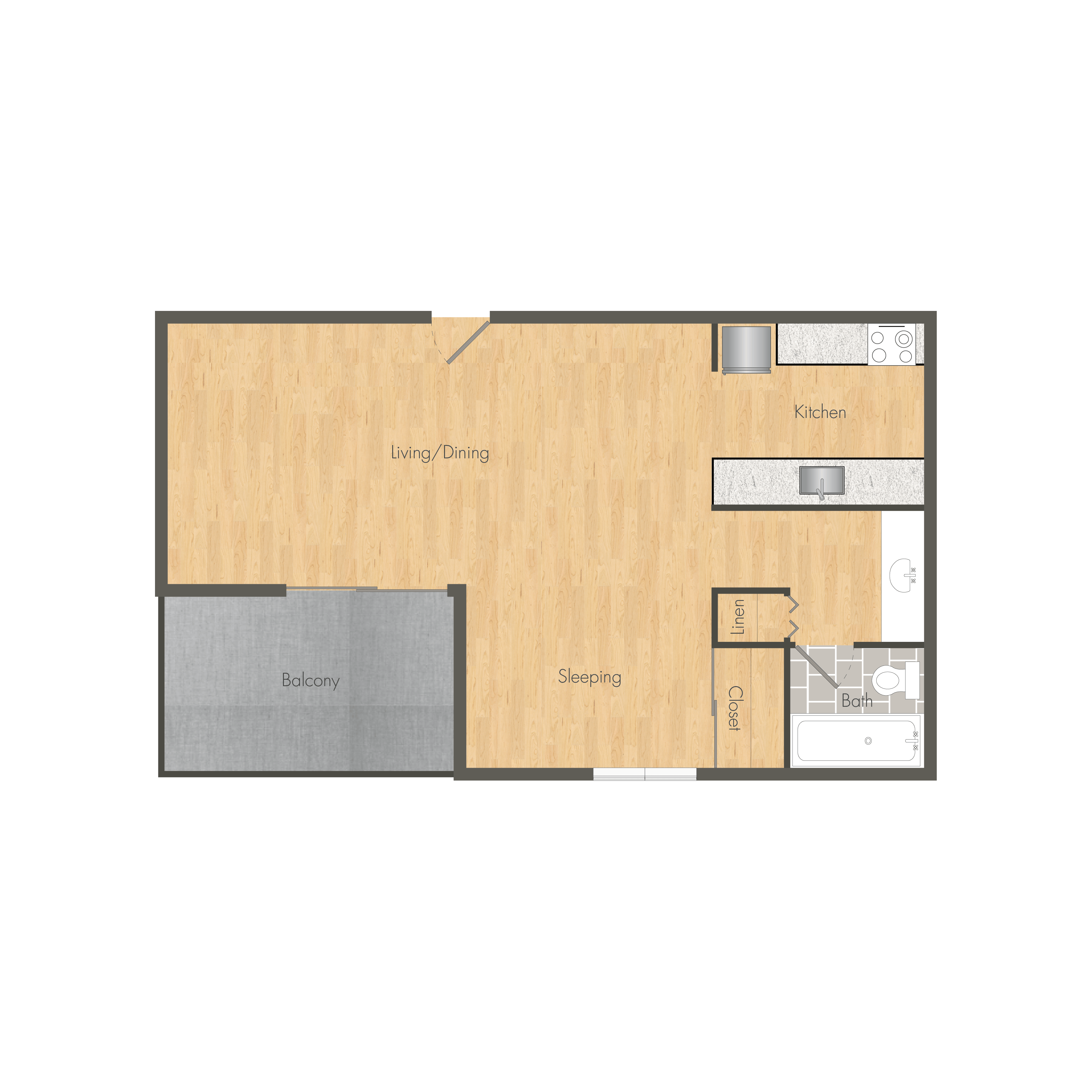 Floor plan for studio, 1 bath, 581 sqft