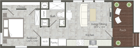 Floor plan for 1 bed, 1 bath, 512 sqft