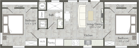 Floor plan for 2 beds, 1 bath, 628 sqft