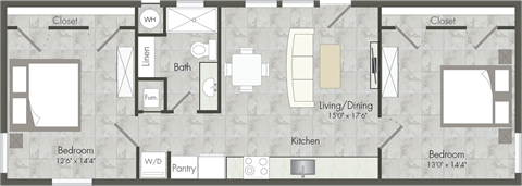 Floor plan for 2 beds, 1 bath, 806 sqft