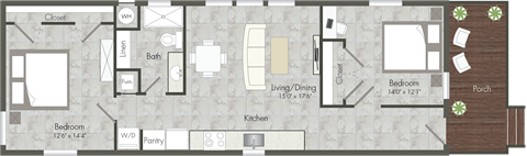 Floor plan for 2 beds, 1 bath, 806 sqft