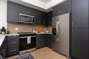 Redmond townhouse for rent - A modern kitchen with black cabinets and stainless steel appliances.