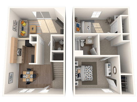 Floor plan for 2 beds, 1.5 baths, 934 sqft