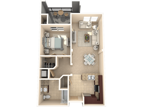 Floor plan for 1 bed, 1 bath, 736 sqft