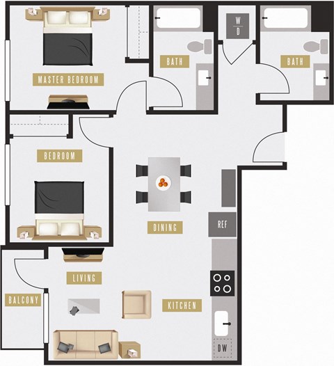 Floor plan for 2 beds, 2 baths, 959 sqft