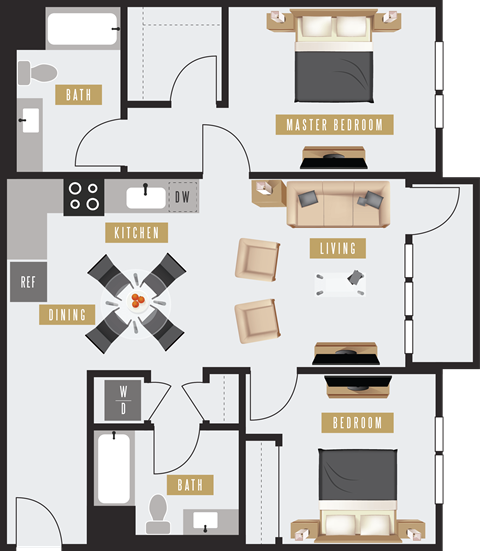 Floor plan for 2 beds, 2 baths, 1022 sqft