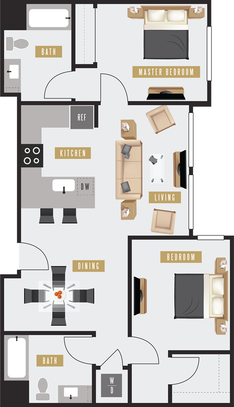 Floor plan for 2 beds, 2 baths, 1044 sqft