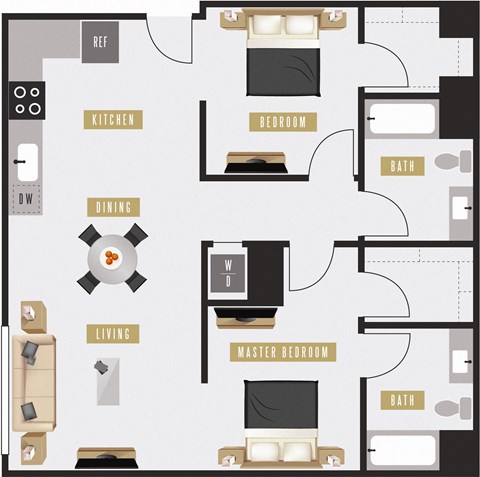 Floor plan for 2 beds, 2 baths, 1050 sqft