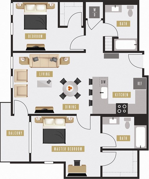 Floor plan for 2 beds, 2 baths, 1061 sqft