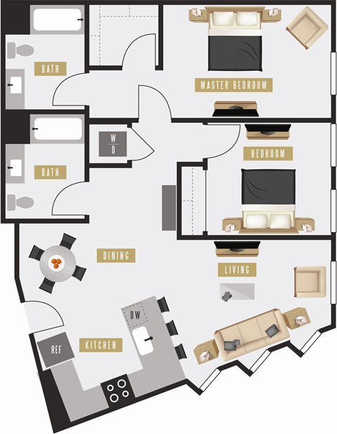 Floor plan for 2 beds, 2 baths, 1062 sqft