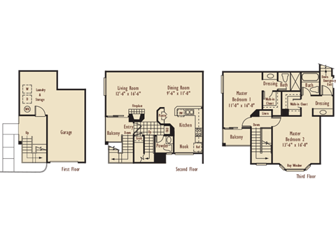 Floor plan for 2 beds, 2.5 baths, 1251 sqft