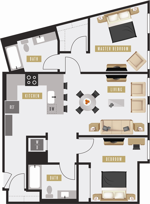 Floor plan for 2 beds, 2 baths, 1098 sqft