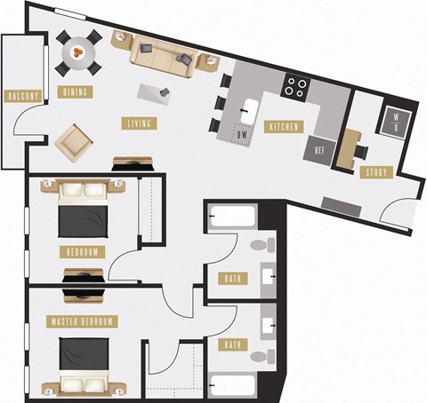 Floor plan for 2 beds, 2 baths, 1117 sqft