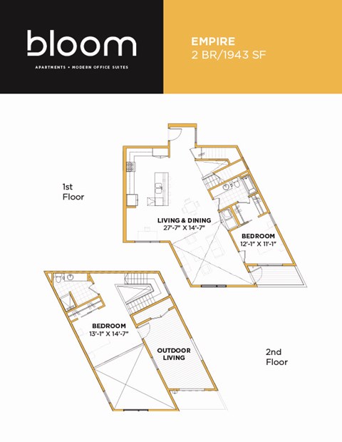 Floor plan for 2 beds, 2 baths, 1943 sqft