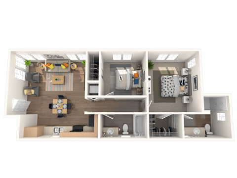 Floor plan for 2 beds, 2 baths, 905 sqft