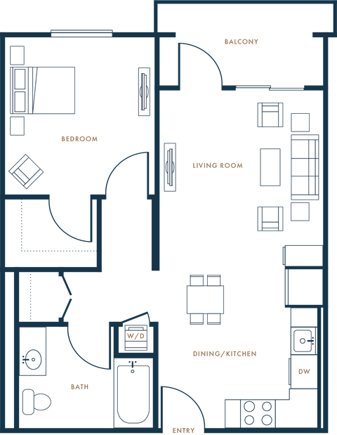 Floor plan for 1 bed, 1 bath, 663 sqft