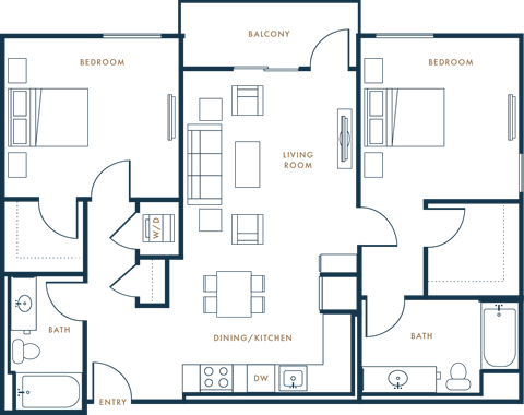 Floor plan for 2 beds, 2 baths, 1108 sqft