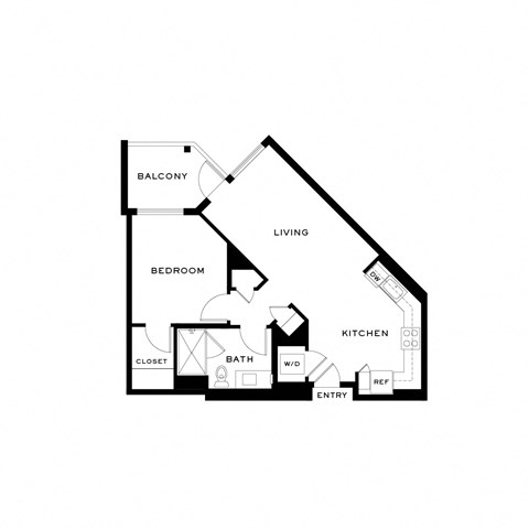 Floor plan for 1 bed, 1 bath, 747 sqft