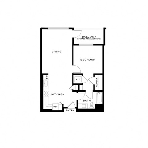 Floor plan for 1 bed, 1 bath, 762 sqft
