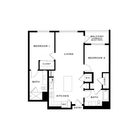 Floor plan for 2 beds, 2 baths, 1083 sqft