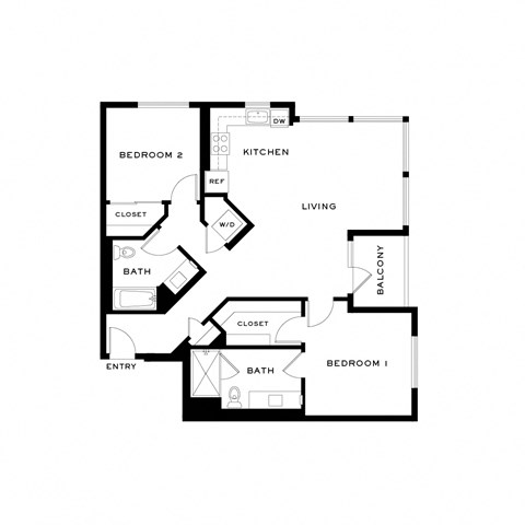 Floor plan for 2 beds, 2 baths, 1224 sqft