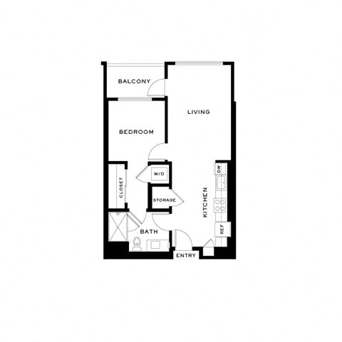 Floor plan for 1 bed, 1 bath, 697 sqft