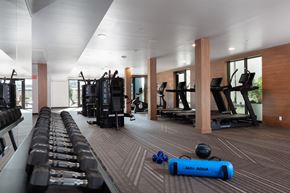 Oakland apartment for rent - a gym with cardio equipment and weights on the floor