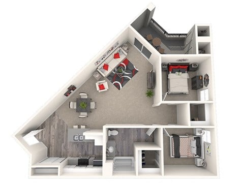 Floor plan for 2 beds, 1 bath, 1024 sqft