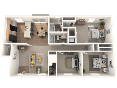 Floor plan for 3 beds, 2 baths, 1125 sqft