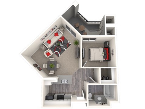 Floor plan for 1 bed, 1 bath, 679 sqft