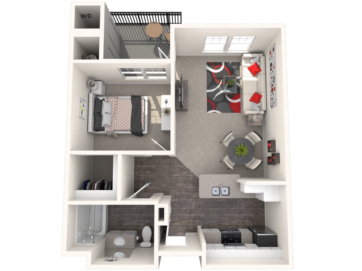 Floor plan for 1 bed, 1 bath, 645 sqft