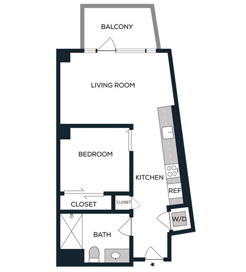 Floor plan for 1 bed, 1 bath, 567 sqft