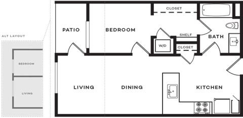 Floor plan for 1 bed, 1 bath, 757 sqft