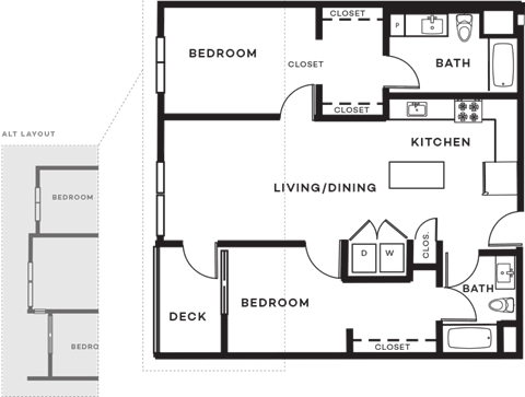 Floor plan for 2 beds, 2 baths, 1009 sqft
