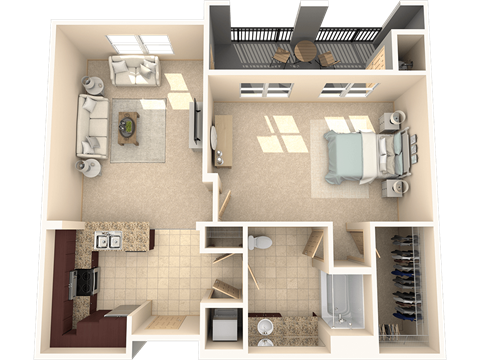 Floor plan for 1 bed, 1 bath, 866 sqft