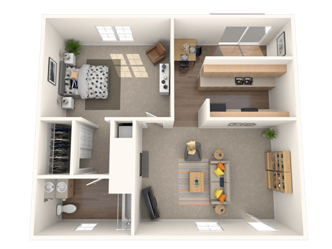 Floor plan for 1 bed, 1 bath, 672 sqft