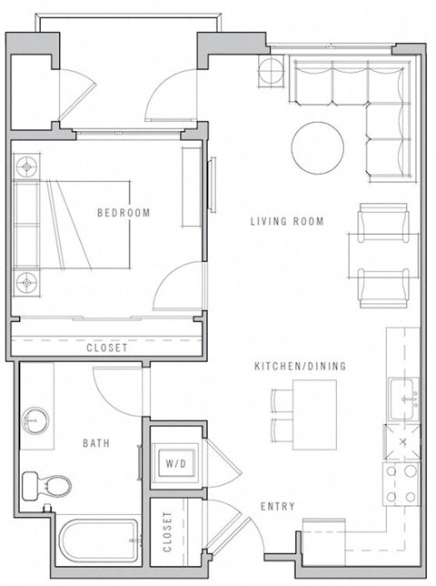 Floor plan for 1 bed, 1 bath, 681 sqft