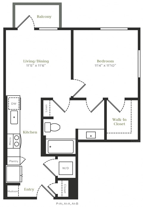 Floor plan for 1 bed, 1 bath, 611 sqft