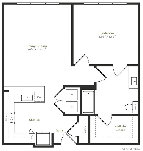 Floor plan for 1 bed, 1 bath, 867 sqft