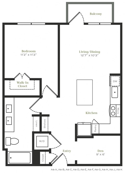 Floor plan for 1 bed, 1 bath, 750 sqft