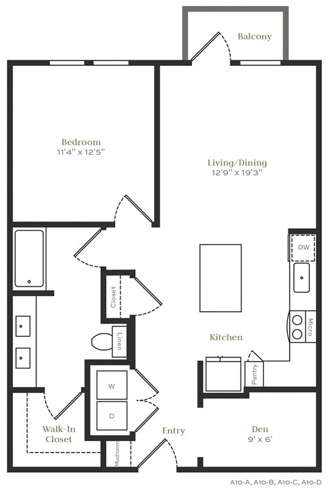 Floor plan for 1 bed, 1 bath, 817 sqft
