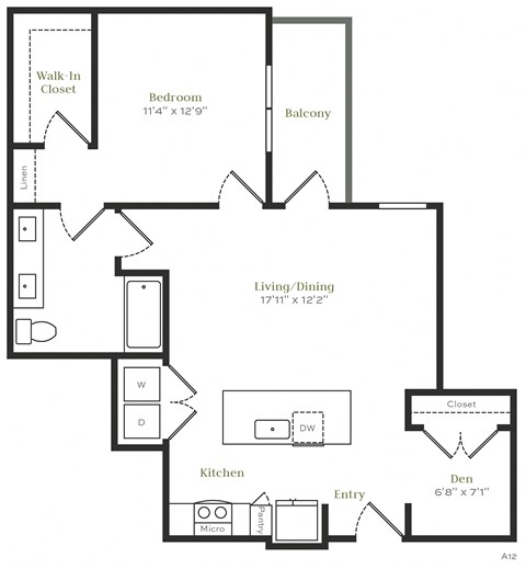Floor plan for 1 bed, 1 bath, 903 sqft
