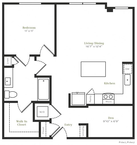 Floor plan for 1 bed, 1 bath, 858 sqft