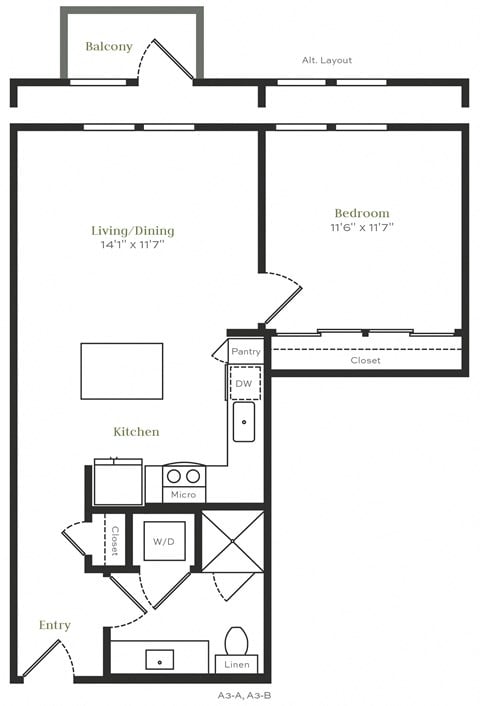 Floor plan for 1 bed, 1 bath, 670 sqft